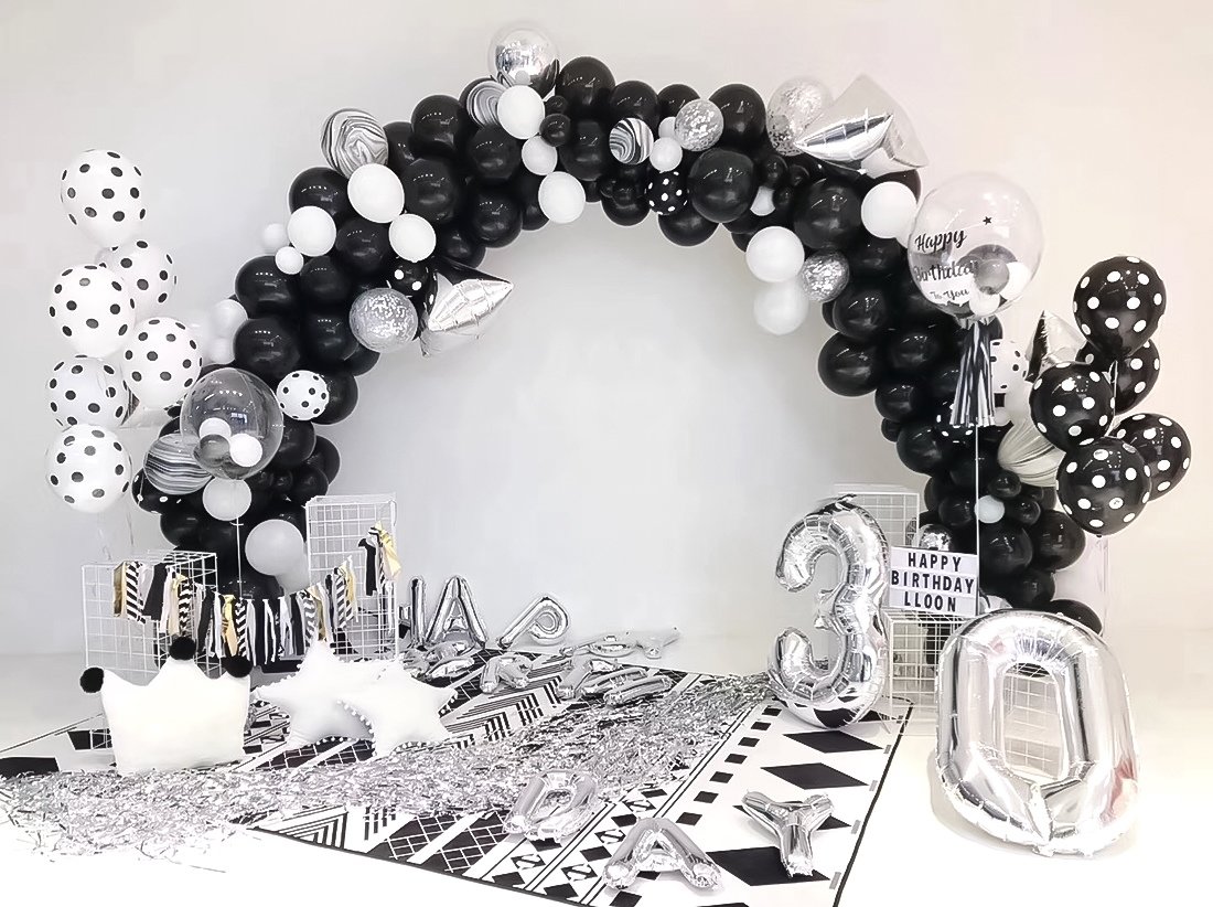 婴儿满月宴happy30days黑白气球搭配装饰